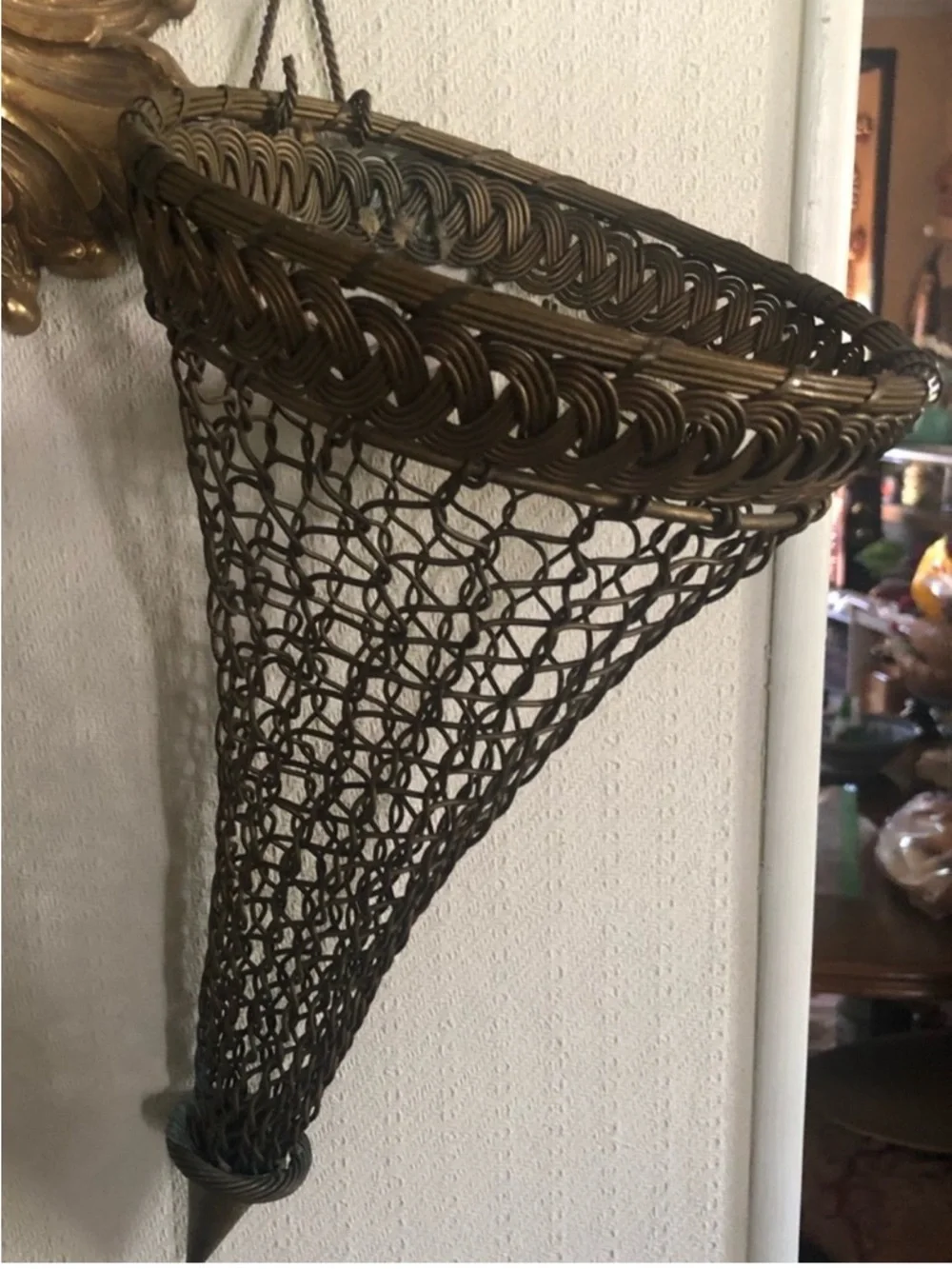 Antique French Brass Woven Chainmail-Style Wall Pocket Hanging Vase